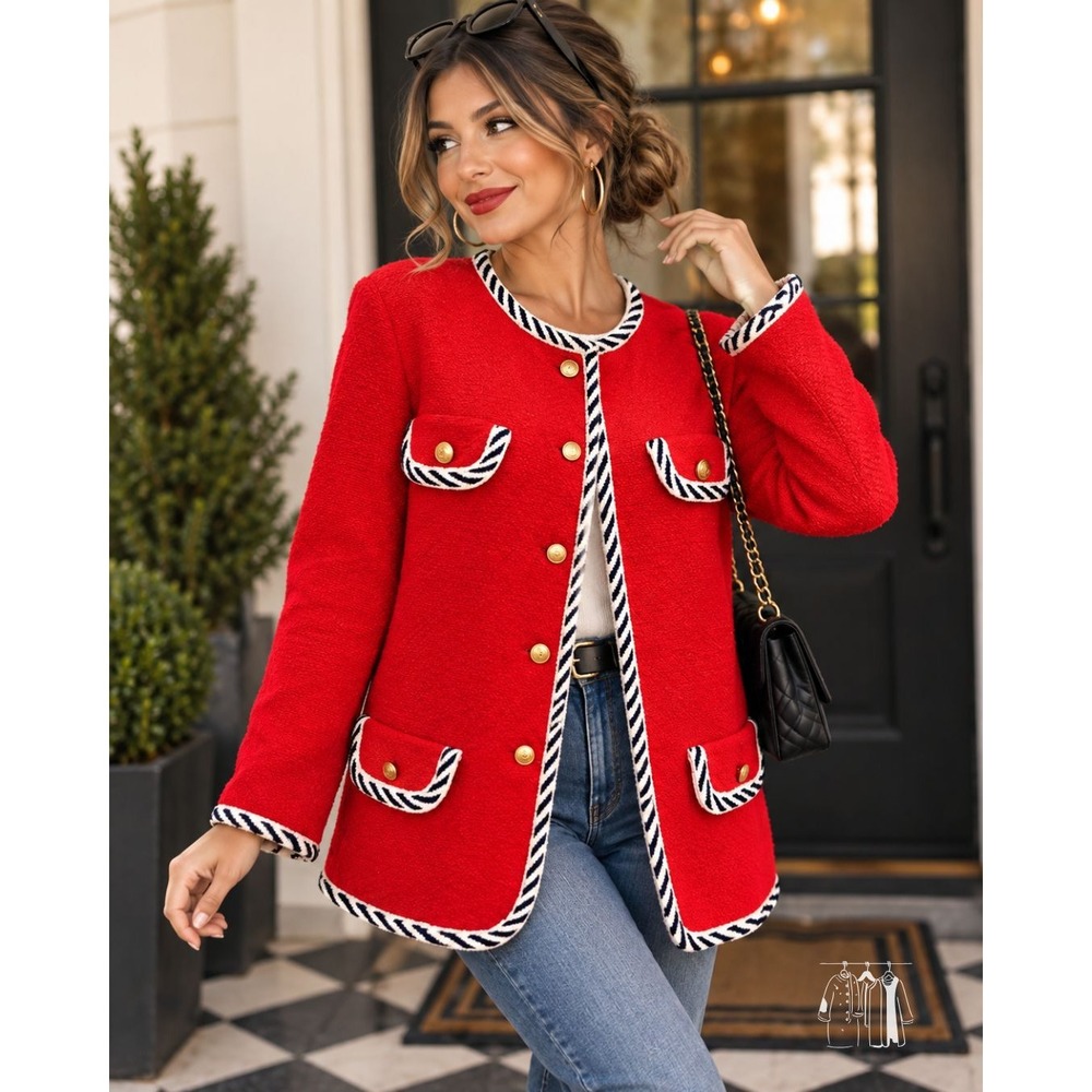 Vintage I Magnin  Castleberry LTD Red Knit Jacket USA Gold Crest 18 Chanel